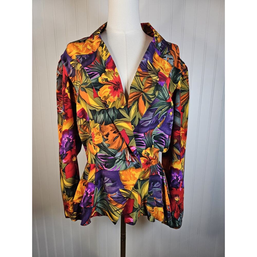 Pat Argenti Floral 100% Silk Blouse Blazer Women's‎ 8 Artsy Colorful Tropical